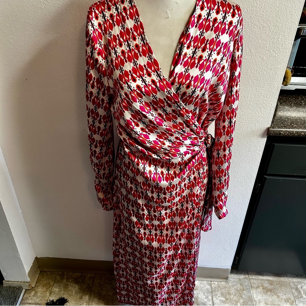 MNG / Mango Elegant Pink Patterned Midi Wrap Dress sz 8 NEW